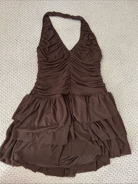NWT Anthropologie Halter Brown Ruched Tiered Dress